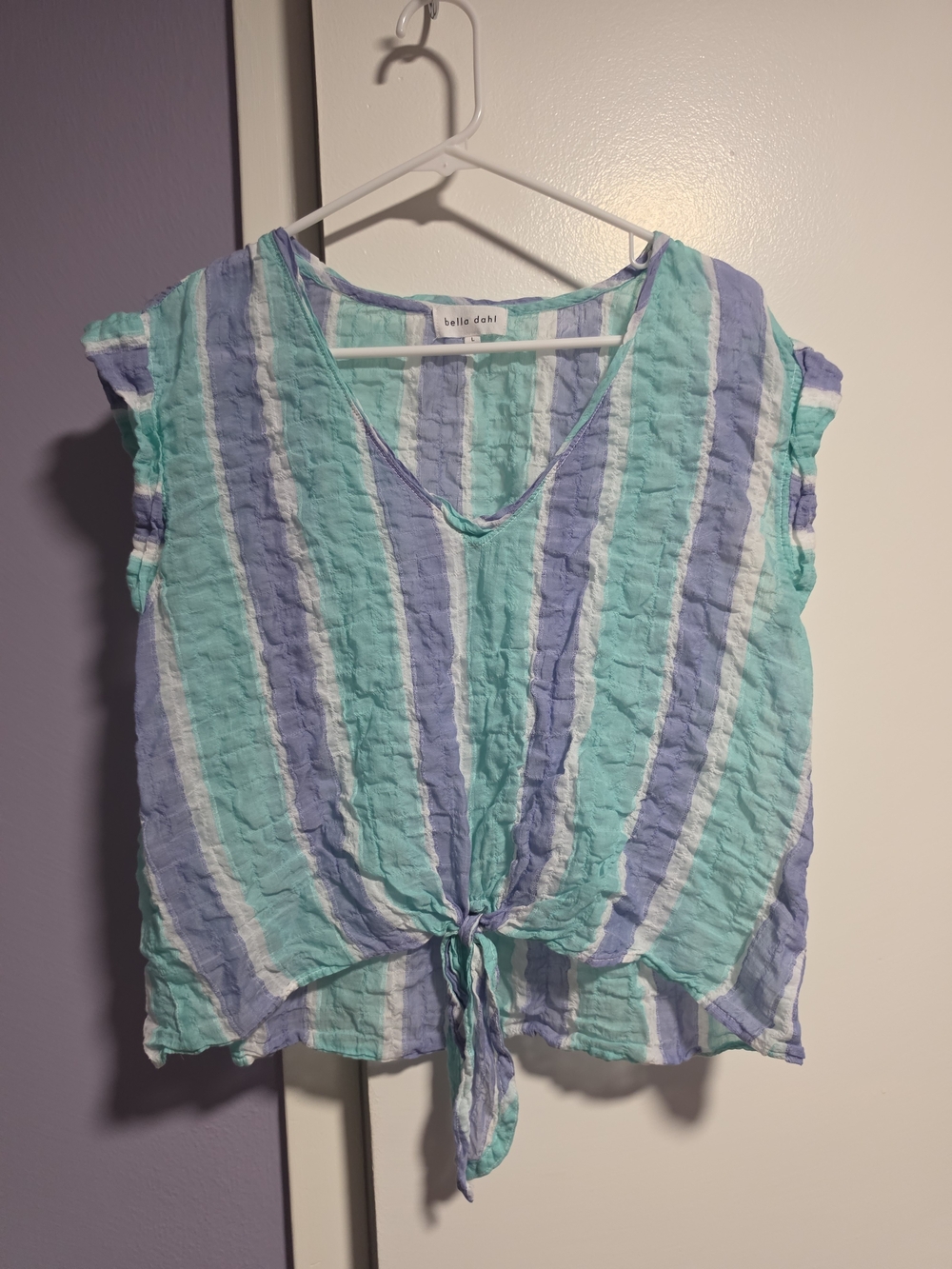 Bella Dahl Aqua & Periwinkle Striped Tie-Front V-Neck Shirt
